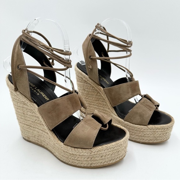 Saint Laurent Suede Espadrille Wedges Lace Up Ankle - Picture 1 of 12